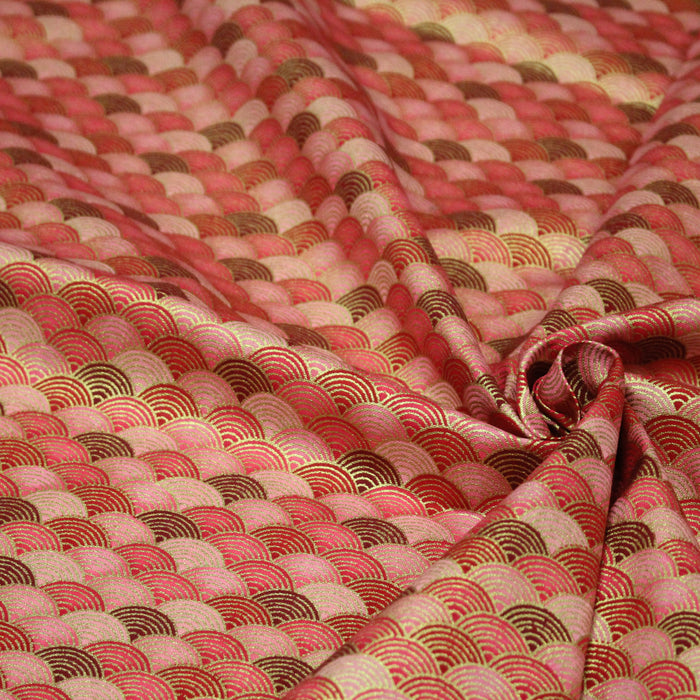 Tissu cotonnade motif vagues japonaises Seigaiha rouge, rose & doré - COLLECTION JAPON DORÉ