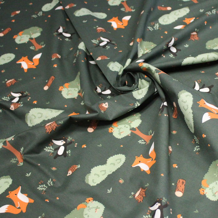 Tissu cotonnade enfant vert aux animaux de la forêt - STANDARD 100 OEKO-TEX