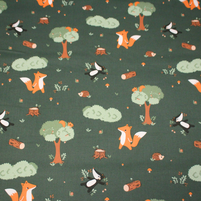 Tissu cotonnade enfant vert aux animaux de la forêt - STANDARD 100 OEKO-TEX