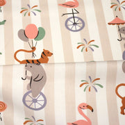 Tissu cotonnade enfant rayé sable blanc aux dinos, tigres et flamands rose - STANDARD 100 OEKO - TEX - TissusPapi.com