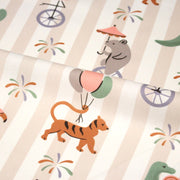 Tissu cotonnade enfant rayé sable blanc aux dinos, tigres et flamands rose - STANDARD 100 OEKO - TEX - TissusPapi.com