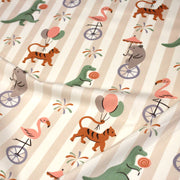 Tissu cotonnade enfant rayé sable blanc aux dinos, tigres et flamands rose - STANDARD 100 OEKO - TEX - TissusPapi.com