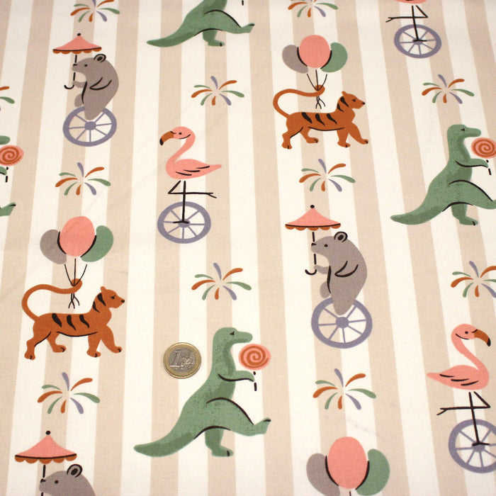 Tissu cotonnade enfant rayé sable blanc aux dinos, tigres et flamands rose - STANDARD 100 OEKO-TEX