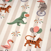 Tissu cotonnade enfant rayé sable blanc aux dinos, tigres et flamands rose - STANDARD 100 OEKO - TEX - TissusPapi.com