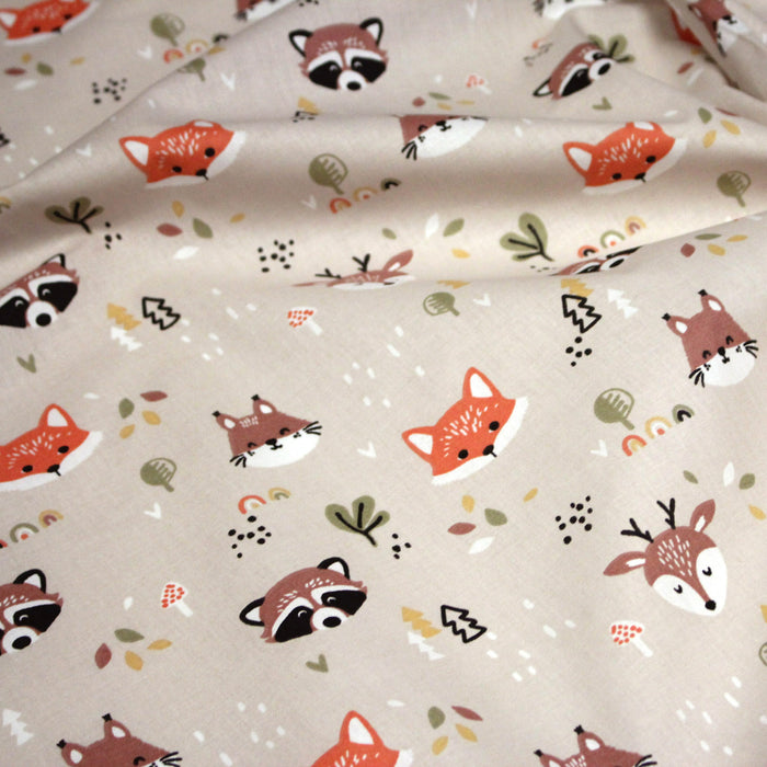 Tissu cotonnade enfant sable aux renards, cerfs et ratons laveurs - STANDARD 100 OEKO-TEX