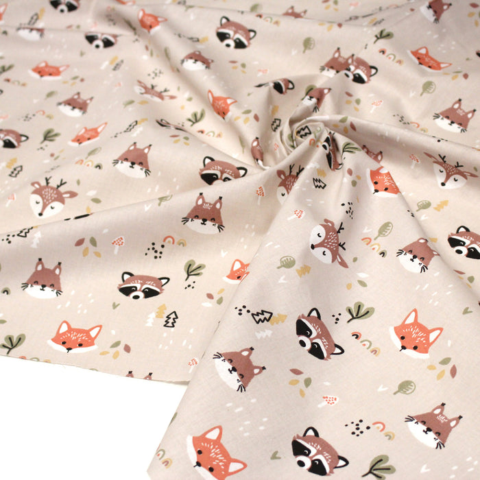 Tissu cotonnade enfant sable aux renards, cerfs et ratons laveurs - STANDARD 100 OEKO-TEX