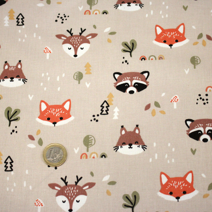 Tissu cotonnade enfant sable aux renards, cerfs et ratons laveurs - STANDARD 100 OEKO-TEX