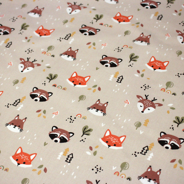 Tissu cotonnade enfant sable aux renards, cerfs et ratons laveurs - STANDARD 100 OEKO-TEX