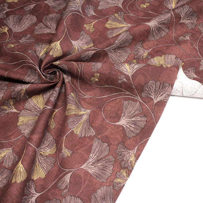 Tissu de coton demi natté motif traditionnel japonais aux feuilles de ginkgo, bordeaux & moutarde - OEKO-TEX
