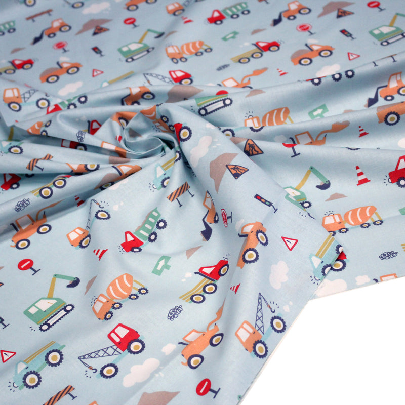 Tissu cotonnade enfant bleu aux grues, camions et tracteurs - STANDARD 100 OEKO - TEX - TissusPapi.com