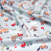 Tissu cotonnade enfant bleu aux grues, camions et tracteurs - STANDARD 100 OEKO - TEX - TissusPapi.com