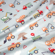 Tissu cotonnade enfant bleu aux grues, camions et tracteurs - STANDARD 100 OEKO - TEX - TissusPapi.com