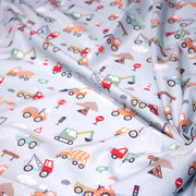 Tissu cotonnade enfant bleu aux grues, camions et tracteurs - STANDARD 100 OEKO - TEX - TissusPapi.com