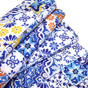 Tissu cotonnade AZULEJOS aux carreaux de faïence : bleu roi / bleu jaune / bleu orange - TissusPapi.com