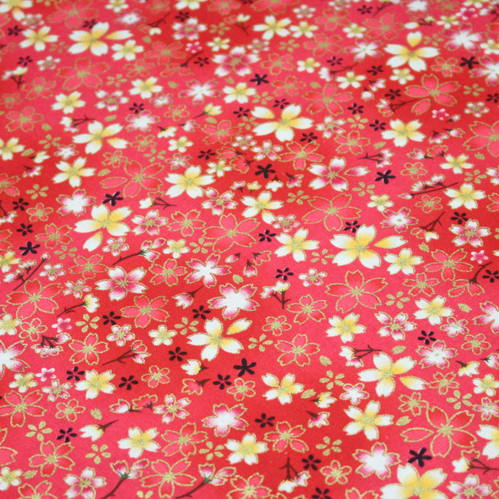 Tissu cotonnade rose magenta aux fleurs sakura rouges blanches et dorées - COLLECTION JAPON DORÉ