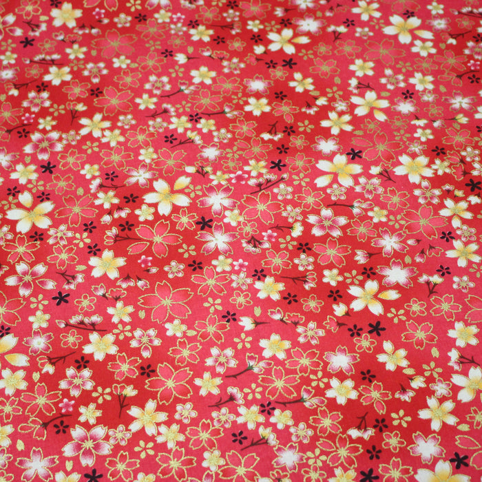 Tissu cotonnade rose magenta aux fleurs sakura rouges blanches et dorées - COLLECTION JAPON DORÉ