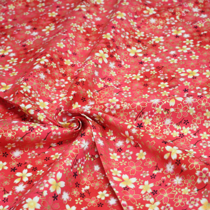 Tissu cotonnade rose magenta aux fleurs sakura rouges blanches et dorées - COLLECTION JAPON DORÉ