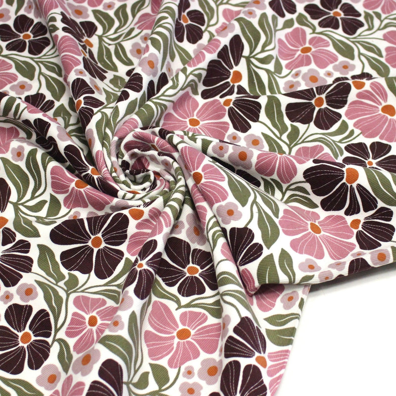 Tissu velours milleraies imprimé SEVENTIES, fleuri rose & aubergine, feuilles vertes - STANDARD 100 OEKO - TEX - TissusPapi.com