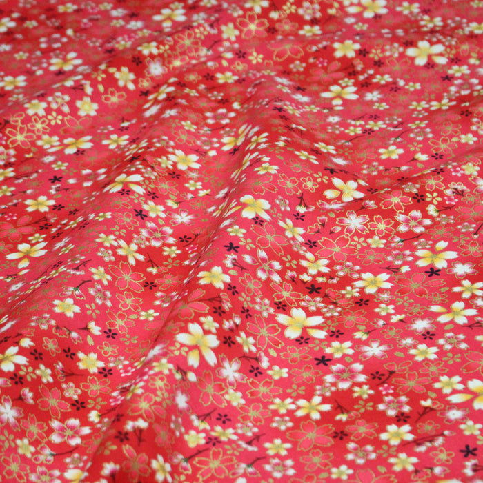 Tissu cotonnade rose magenta aux fleurs sakura rouges blanches et dorées - COLLECTION JAPON DORÉ