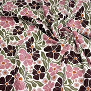 Tissu velours milleraies imprimé SEVENTIES, fleuri rose & aubergine, feuilles vertes - STANDARD 100 OEKO - TEX - TissusPapi.com