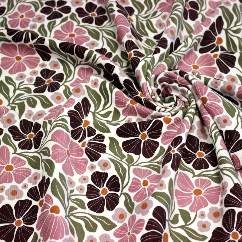 Tissu velours milleraies imprimé SEVENTIES, fleuri rose & aubergine, feuilles vertes - STANDARD 100 OEKO - TEX - TissusPapi.com