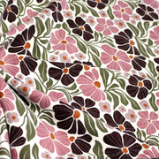 Tissu velours milleraies imprimé SEVENTIES, fleuri rose & aubergine, feuilles vertes - STANDARD 100 OEKO - TEX - TissusPapi.com