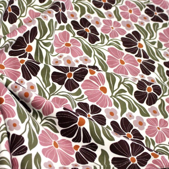 Tissu velours milleraies imprimé SEVENTIES, fleuri rose & aubergine, feuilles vertes - STANDARD 100 OEKO - TEX - TissusPapi.com