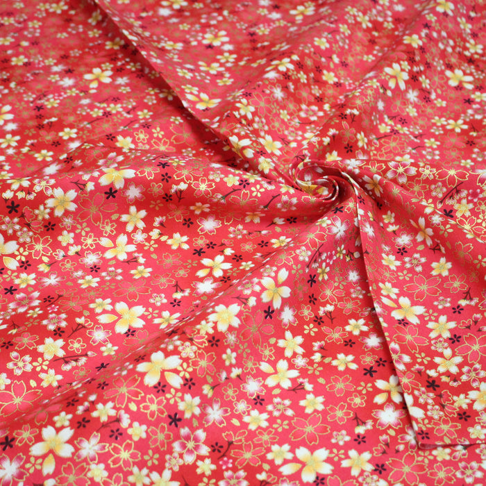 Tissu cotonnade rose magenta aux fleurs sakura rouges blanches et dorées - COLLECTION JAPON DORÉ