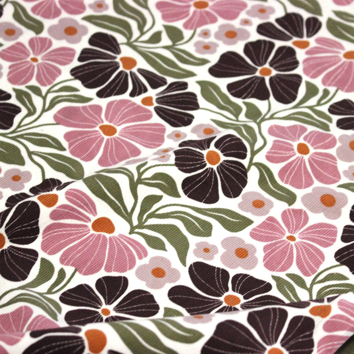 Tissu velours milleraies imprimé SEVENTIES, fleuri rose & aubergine, feuilles vertes - STANDARD 100 OEKO - TEX - TissusPapi.com