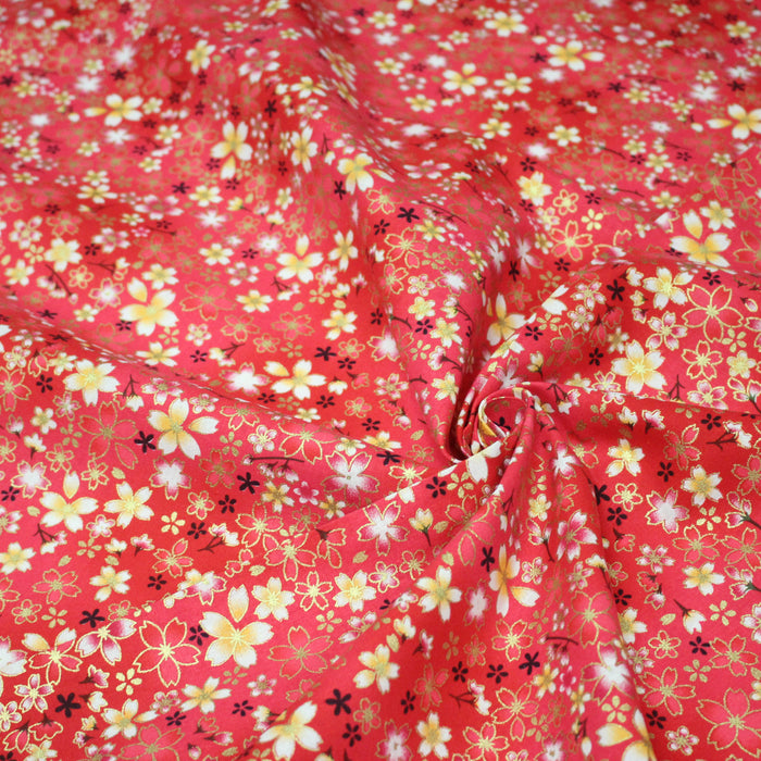 Tissu cotonnade rose magenta aux fleurs sakura rouges blanches et dorées - COLLECTION JAPON DORÉ