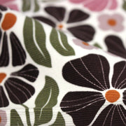 Tissu velours milleraies imprimé SEVENTIES, fleuri rose & aubergine, feuilles vertes - STANDARD 100 OEKO - TEX - TissusPapi.com