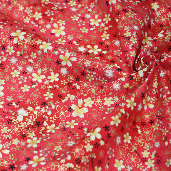 Tissu cotonnade rose magenta aux fleurs sakura rouges blanches et dorées - COLLECTION JAPON DORÉ