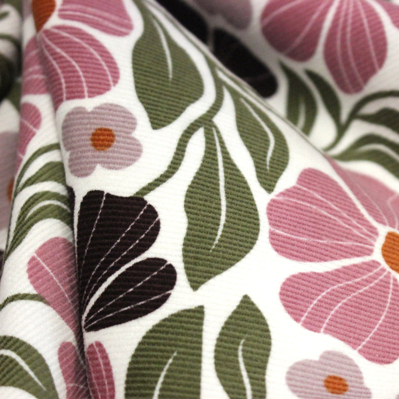 Tissu velours milleraies imprimé SEVENTIES, fleuri rose & aubergine, feuilles vertes - STANDARD 100 OEKO - TEX - TissusPapi.com