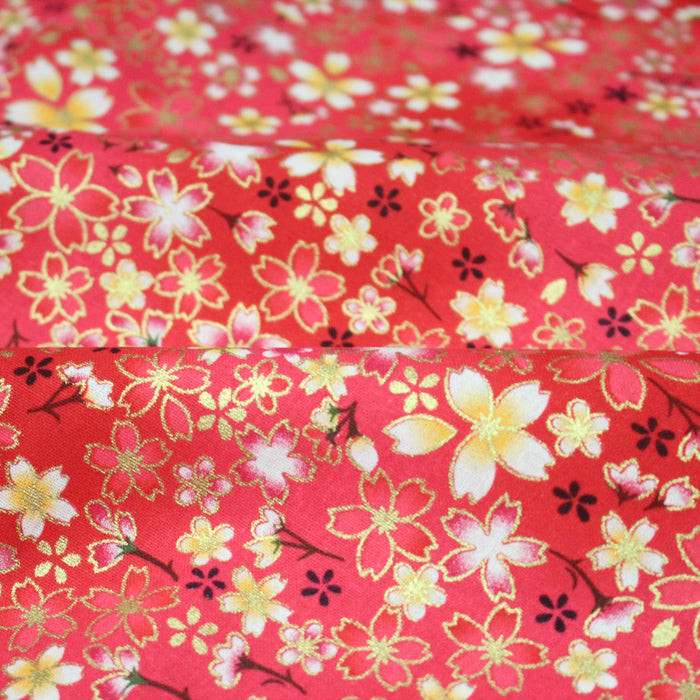 Tissu cotonnade rose magenta aux fleurs sakura rouges blanches et dorées - COLLECTION JAPON DORÉ