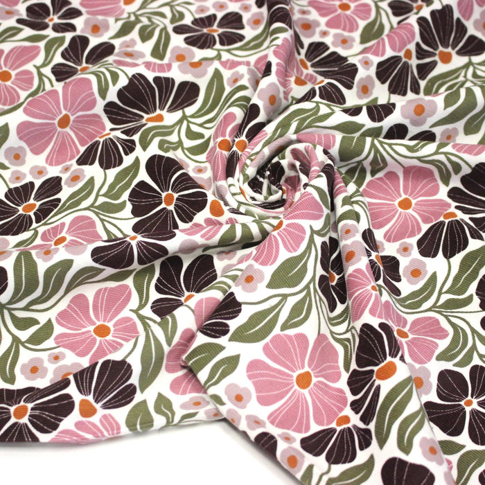 Tissu velours milleraies imprimé SEVENTIES, fleuri rose & aubergine, feuilles vertes - STANDARD 100 OEKO - TEX - TissusPapi.com