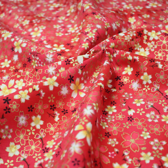 Tissu cotonnade rose magenta aux fleurs sakura rouges blanches et dorées - COLLECTION JAPON DORÉ