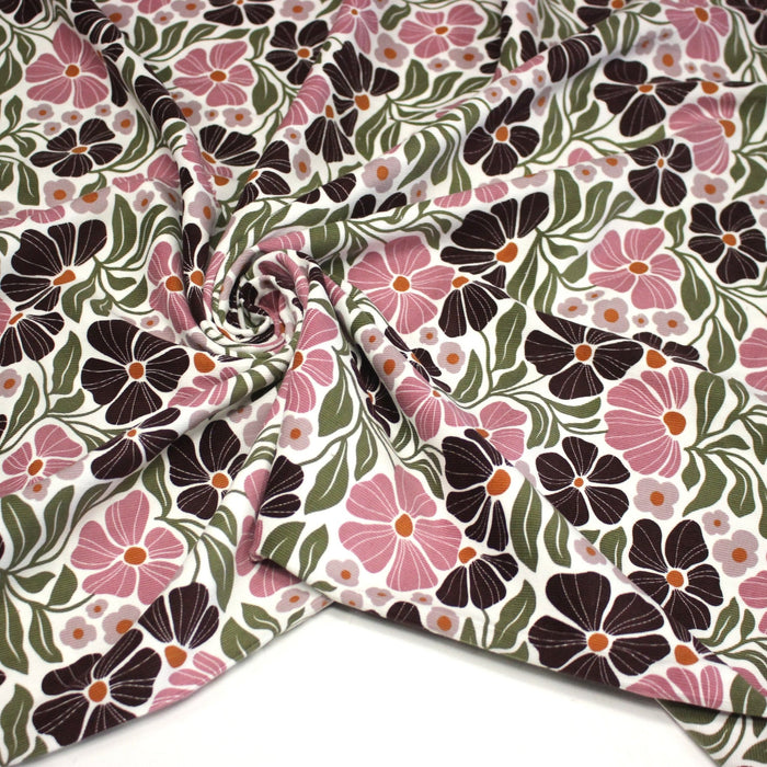 Tissu velours milleraies imprimé SEVENTIES, fleuri rose & aubergine, feuilles vertes - STANDARD 100 OEKO - TEX - TissusPapi.com
