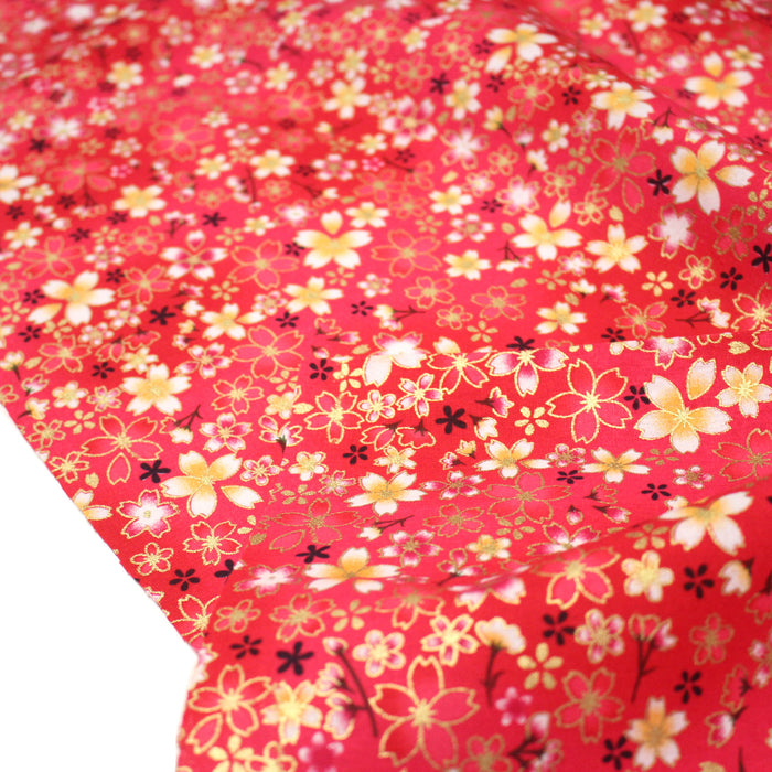 Tissu cotonnade rose magenta aux fleurs sakura rouges blanches et dorées - COLLECTION JAPON DORÉ