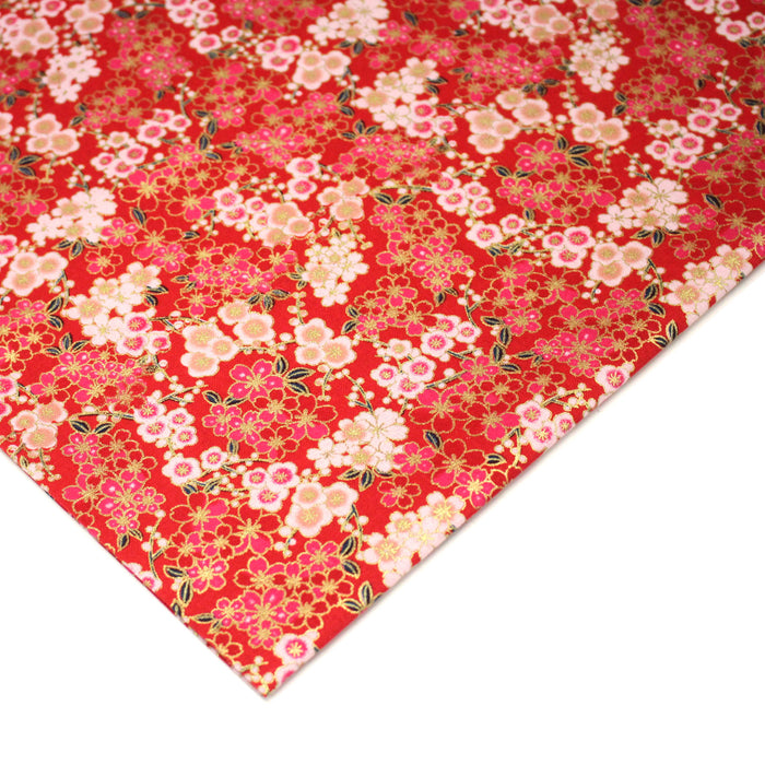 Tissu cotonnade rouge aux fleurs sakura rouges blanches et dorées - COLLECTION JAPON DORÉ