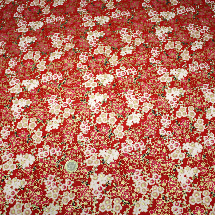 Tissu cotonnade rouge aux fleurs sakura rouges blanches et dorées - COLLECTION JAPON DORÉ