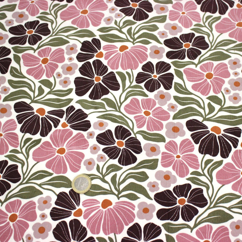 Tissu velours milleraies imprimé SEVENTIES, fleuri rose & aubergine, feuilles vertes - STANDARD 100 OEKO - TEX - TissusPapi.com