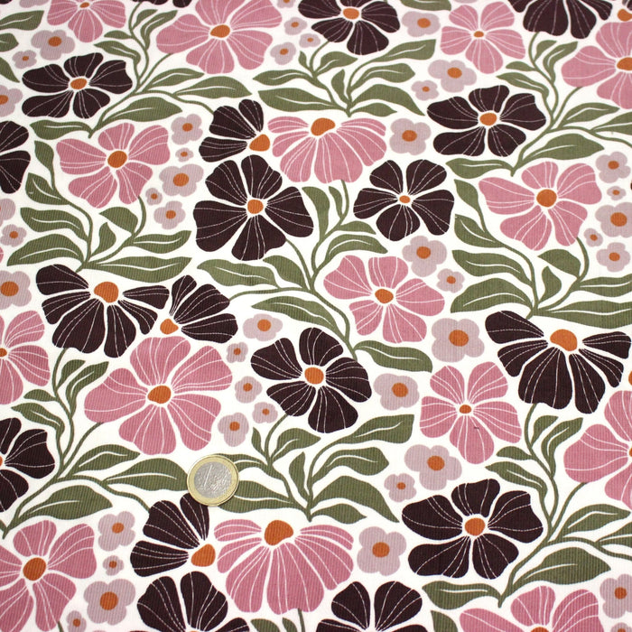 Tissu velours milleraies imprimé SEVENTIES, fleuri rose & aubergine, feuilles vertes - STANDARD 100 OEKO - TEX - TissusPapi.com