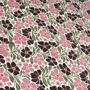 Tissu velours milleraies imprimé SEVENTIES, fleuri rose & aubergine, feuilles vertes - STANDARD 100 OEKO - TEX - TissusPapi.com