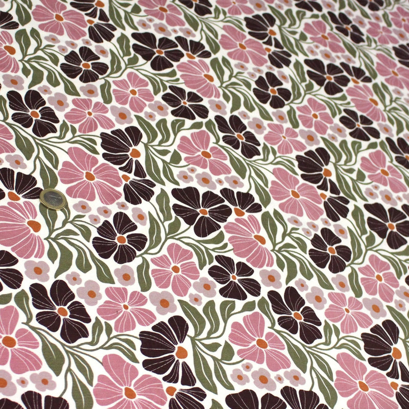 Tissu velours milleraies imprimé SEVENTIES, fleuri rose & aubergine, feuilles vertes - STANDARD 100 OEKO - TEX - TissusPapi.com
