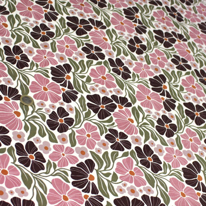 Tissu velours milleraies imprimé SEVENTIES, fleuri rose & aubergine, feuilles vertes - STANDARD 100 OEKO - TEX - TissusPapi.com