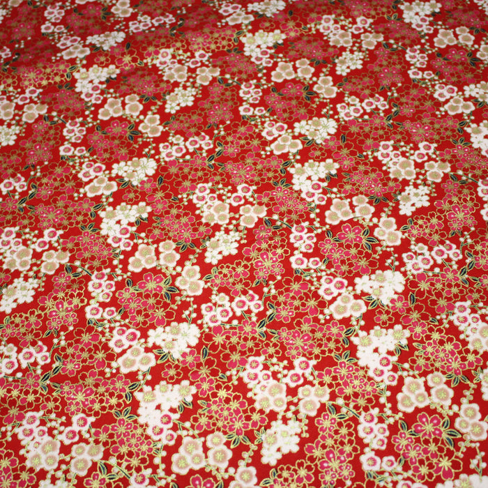 Tissu cotonnade rouge aux fleurs sakura rouges blanches et dorées - COLLECTION JAPON DORÉ