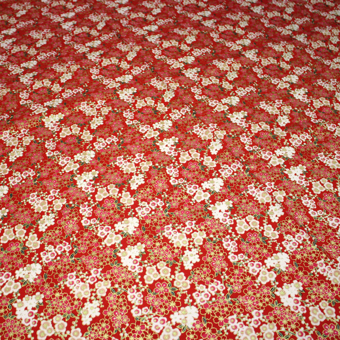 Tissu cotonnade rouge aux fleurs sakura rouges blanches et dorées - COLLECTION JAPON DORÉ