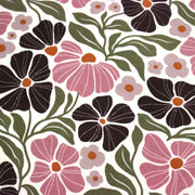 Tissu velours milleraies imprimé SEVENTIES, fleuri rose & aubergine, feuilles vertes - STANDARD 100 OEKO - TEX - TissusPapi.com