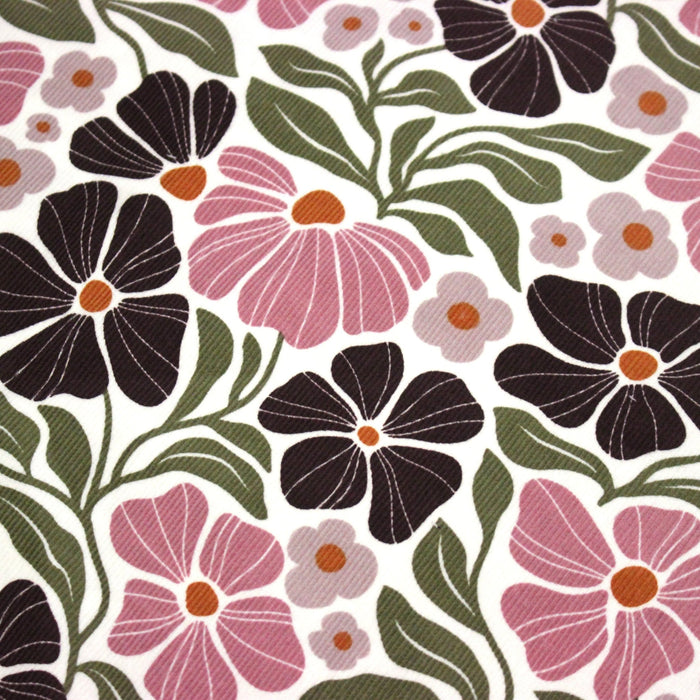 Tissu velours milleraies imprimé SEVENTIES, fleuri rose & aubergine, feuilles vertes - STANDARD 100 OEKO - TEX - TissusPapi.com