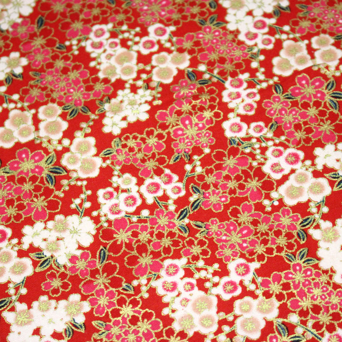 Tissu cotonnade rouge aux fleurs sakura rouges blanches et dorées - COLLECTION JAPON DORÉ